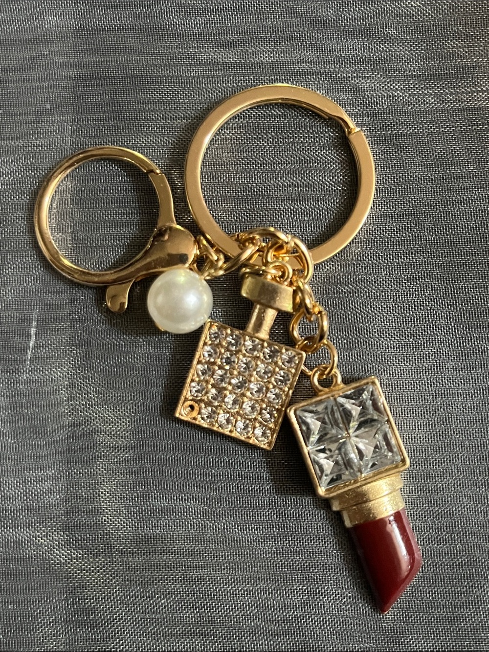 Gold-Tone Red Lipstick Charm Keychain with Faux Pearl